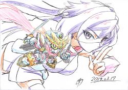 Rule 34 | 1girl, ayame (gundam build divers), chibi, colored pencil (medium), dated, fingers together, green eyes, gundam, gundam build divers, highres, irikodashig, long hair, looking at viewer, mask, mecha, mouth mask, ninja, ninja mask, purple eyes, purple hair, robot, rx-zeromaru, traditional media, v-shaped eyebrows
