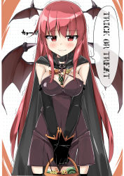 Rule 34 | 1girl, alternate costume, basket, bat wings, beritabo, between breasts, blush, breasts, brooch, candy, cape, cleavage, commentary request, dress, elbow gloves, embarrassed, english text, eyelashes, food, gloves, hair between eyes, halloween, head wings, jack-o&#039;-lantern, jewelry, koakuma, lollipop, long hair, looking at viewer, pocky, red eyes, red hair, ringed eyes, sidelocks, simple background, sleeveless, sleeveless dress, smile, solo, tears, touhou, trembling, trick or treat, v arms, very long hair, wavy mouth, wings