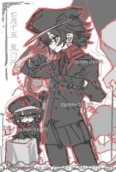 Rule 34 | 1girl, black eyes, black gloves, black hair, black hat, black jacket, black necktie, black pantyhose, black skirt, buttons, chain, chibi, chinese commentary, chinese text, closed mouth, collared shirt, colored skin, commentary request, commission, double-breasted, earrings, gloves, hair between eyes, hat, highres, holding, holding chain, jacket, jewelry, li yuting (female), long sleeves, miniskirt, mole, mole under each eye, mole under eye, multiple moles, multiple views, necktie, open mouth, pantyhose, pleated skirt, qiufu 1.0, red shirt, shirt, short hair, skirt, touqi guaitan, watermark, white skin