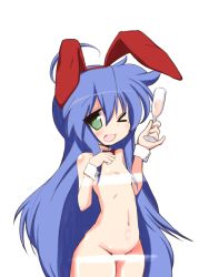 Rule 34 | 00s, 1girl, :3, animal ears, blue hair, blush, breasts, censored, cup, drinking glass, gloves, green eyes, izumi konata, long hair, lucky star, mizushima (p201112), navel, nipples, nude, open mouth, rabbit ears, simple background, small breasts, smile, solo, wine glass
