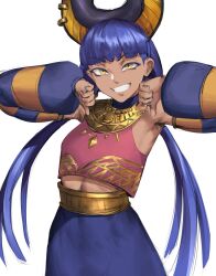 Rule 34 | 1girl, animal ears, anubia (potionomics), armpits, blue hair, blue nails, blue skirt, crop top, detached sleeves, drawfag, earrings, egyptian clothes, fingernails, grin, hands up, highres, jewelry, long hair, long sleeves, looking at viewer, navel, potionomics, simple background, sketch, skirt, smile, smug, solo, twintails, usekh collar, white background, yellow eyes