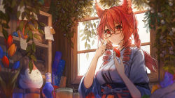 Rule 34 | 1girl, adjusting eyewear, animal ears, warrior of light (ff14), backlighting, cat ears, drill hair, final fantasy, final fantasy xiv, flower, food, fruit, glasses, grapes, hand fan, highres, holding, indoors, japanese clothes, long hair, miqo&#039;te, note, paper fan, plant, potted plant, quad tails, red-framed eyewear, red eyes, red hair, shelf, slit pupils, solo, sunlight, tasuki, uchiwa, upper body, vetina, vines, window
