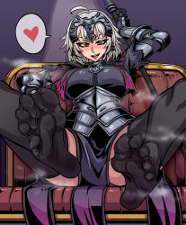 Rule 34 | 1girl, absurdres, black thighhighs, blush, fate/grand order, fate (series), feet, ga320aaa, highres, jeanne d&#039;arc alter (fate), medium hair, open mouth, soles, steam, thighhighs, toes, yellow eyes