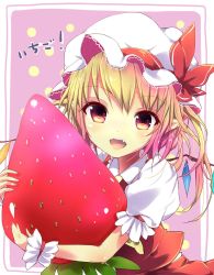 Rule 34 | 1girl, :d, ascot, bat wings, blonde hair, bow, crystal, fang, flandre scarlet, food, fruit, hat, hat bow, hat ribbon, highres, hug, mob cap, open mouth, oversized food, oversized object, puffy short sleeves, puffy sleeves, red eyes, ribbon, short hair, short sleeves, side ponytail, skirt, skirt set, smile, solo, strawberry, touhou, uta (kuroneko), wings, wrist cuffs