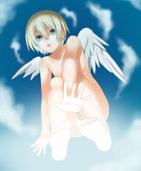 Rule 34 | androgynous, angel wings, barefoot, feet, foot focus, foreshortening, from below, gender request, mattaku mousuke, nude, open mouth, original, outdoors, short hair, sky, soles, solo, toes, wings, zenra