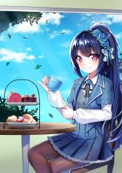 Rule 34 | 1girl, bad id, bad pixiv id, bird, black ribbon, blazer, blue flower, blue hair, blue jacket, blue rose, blue skirt, blue sky, blush, brown pantyhose, cake, chair, closed mouth, cloud, collared shirt, commentary request, crossed legs, cup, day, drinking glass, flower, food, grey vest, hair between eyes, hair flower, hair ornament, head tilt, high ponytail, highres, holding, holding cup, indoors, jacket, leaf, long hair, long sleeves, macaron, mamel 27, muffin, neck ribbon, on chair, open clothes, open jacket, original, pantyhose, pleated skirt, ponytail, purple eyes, ribbon, rose, saucer, shirt, sitting, skirt, sky, sleeves past wrists, smile, solo, swiss roll, table, teacup, tiered tray, very long hair, vest, white shirt, window
