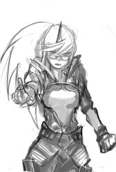 Rule 34 | 1girl, armor, breastplate, cosplay, faulds, final fantasy, final fantasy xii, full armor, glasses, greyscale, horns, judge, kneesocks (psg), long hair, monochrome, monochrome, noth, panty &amp; stocking with garterbelt, pointing, pointing at viewer, ponytail, single horn, solo