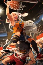 Rule 34 | 1girl, 2boys, alternate costume, amputee, animal ears, arm up, armpits, ball, bare shoulders, basketball, basketball (object), basketball uniform, black hair, black thighhighs, blue shorts, boku no hero academia, breasts, character request, eraser head (boku no hero academia), goggles, grey hair, highres, indoors, khyle., large breasts, long hair, medium breasts, meme, mirko, multiple boys, orange shirt, overhaul (boku no hero academia), parody, parted bangs, pointy nose, rabbit ears, red footwear, red shirt, shiny skin, shirt, shoes, shorts, sideboob, single thighhigh, spoilers, sportswear, stadium, sweat, thighhighs, tongue, tongue out, venom dunking on spider-man (meme), wheelchair