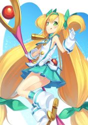 Rule 34 | 1girl, blazblue, blonde hair, gloves, green eyes, gurasion (gurasion), hairband, long hair, muchourin, platinum the trinity, smile, solo, staff, tongue, twintails