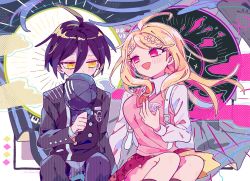 Rule 34 | 1boy, 1girl, :&gt;, ahoge, akamatsu kaede, arm up, backpack, bag, bare legs, black hair, blonde hair, blush, cloud, commentary, covering own mouth, danganronpa (series), danganronpa v3: killing harmony, dot nose, english text, feet out of frame, fortissimo, gakuran, hair between eyes, hair ornament, hand on own chest, hat, highres, holding, holding clothes, holding hat, long hair, long sleeves, looking at another, looking down, musical note, musical note hair ornament, necktie, open mouth, osshouri55, pink skirt, pink sweater vest, red eyes, red neckwear, saihara shuichi, school uniform, shirt, sitting, skirt, sweater vest, unworn hat, unworn headwear, white shirt, yellow eyes
