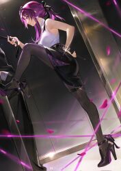 Rule 34 | 1girl, 1other, bare arms, bare shoulders, black bow, black footwear, black pantyhose, black skirt, bow, bula weibo, commentary request, eyewear on head, foot against wall, foot kabedon, from side, hair bow, hand on own hip, high heels, highres, honkai: star rail, honkai (series), kabedon, kafka (honkai: star rail), long hair, miniskirt, nail polish, pantyhose, ponytail, purple eyes, purple hair, purple nails, skirt, solo focus, standing, standing on one leg, sunglasses, third-party source