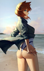 Rule 34 | 1girl, absurdres, ass, bare legs, beach, blonde hair, breasts, commentary, cowlick, creatures (company), eyelashes, eyeshadow, from below, game freak, green eyes, highres, huge ass, jacket, looking at viewer, looking back, madoro, makeup, medium breasts, misty (pokemon), nintendo, one-piece swimsuit, parted lips, pokemon, pokemon hgss, shiny skin, short hair, solo, swimsuit, thick thighs, thighs, water, wedgie, white background, white one-piece swimsuit