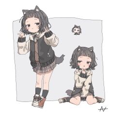 Rule 34 | 1girl, animal ear fluff, animal ears, between legs, black eyes, black hair, black jacket, black socks, blush, brown footwear, brown skirt, chibi, closed mouth, collared shirt, commentary request, dog ears, dog tail, double v, full body, grey background, grey eyes, hand between legs, highres, hood, hood down, hooded jacket, jacket, jitome, long sleeves, looking at viewer, multiple views, neck ribbon, open clothes, open jacket, original, plaid, plaid skirt, pleated skirt, ribbon, shirt, shoes, short hair, signature, simple background, sitting, skirt, sleeves past wrists, smile, sneakers, socks, tail, uzoumuzo, v, wariza, white shirt