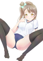 Rule 34 | 10s, 1girl, absurdres, blush, bow, breasts, brown eyes, covered erect nipples, green bow, grey hair, gym uniform, hair bow, highres, long hair, looking at viewer, love live!, love live! school idol project, medium breasts, minami kotori, nise shelif, no bra, panties, panty peek, partially visible vulva, side ponytail, simple background, smile, solo, thighhighs, underwear, white background, white panties