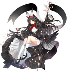 Rule 34 | 1girl, black hair, breasts, cup, dress, earrings, frills, full body, gloves, hair ornament, holding, jewelry, juliet sleeves, long hair, long sleeves, looking at viewer, medium breasts, nardack, original, overskirt, pleated skirt, puffy sleeves, red eyes, red ribbon, ribbon, shoes, skirt, smile, socks, solo, sparkle, transparent background, white gloves, white socks