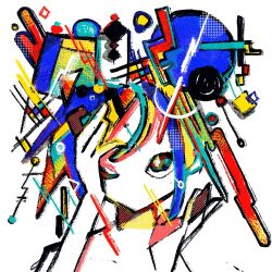 Rule 34 | 1girl, abstract, adobe fresco (medium), colored skin, colorful, halftone, hand on own face, hand up, highres, looking at viewer, machigami yoh, multicolored eyes, multicolored hair, one eye closed, original, portrait, shapes, simple background, solo, white background, white skin