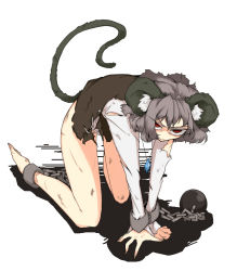 Rule 34 | 1girl, animal ears, ball and chain restraint, bottomless, chain, cuffs, dirty, female focus, glaring, grey hair, jewelry, looking at viewer, mouse tail, nazrin, necklace, pendant, red eyes, shackles, solo, tail, toriga naku, torn clothes, touhou