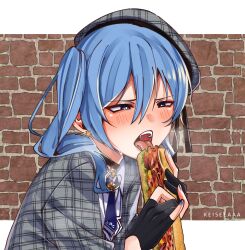 Rule 34 | 1girl, absurdres, beret, blue eyes, blue hair, blue nails, blue necktie, earrings, fingerless gloves, food, gloves, grey hat, grey jacket, half-closed eyes, hat, highres, holding, holding food, hololive, hoshimachi suisei, hoshimachi suisei (1st costume), jacket, jewelry, keisea, licking, necktie, one side up, plaid, plaid headwear, plaid jacket, sandwich, sexually suggestive, shirt, solo, star (symbol), star earrings, teeth, tongue, upper teeth only, virtual youtuber, white shirt