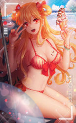 Rule 34 | 1girl, ango, ankkoyom, bad id, bad pixiv id, beach, bikini, bracelet, breasts, cleavage, cloud, day, earrings, fingernails, food, food on body, front-tie top, hair ribbon, highres, holding, horizon, ice cream, ice cream cone, jewelry, legs, light rays, long hair, medium breasts, melting, nail, nail polish, navel, ocean, open mouth, red bikini, red eyes, red nails, ribbon, side-tie bottom, sideboob, sitting, sparkle, striped bikini, striped clothes, swimsuit, sword girls, v, wrist cuffs