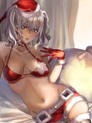 Rule 34 | 1girl, bad id, bad pixiv id, bikini, bikini top only, blue eyes, blush, breasts, christmas, fur-trimmed shorts, fur trim, gloves, hair between eyes, hat, highres, inusaka, kantai collection, kashima (kancolle), large breasts, long hair, looking at viewer, navel, red bikini, red gloves, red shorts, santa costume, santa hat, short shorts, shorts, silver hair, sitting, smile, solo, swimsuit, thighhighs, twintails, wavy hair