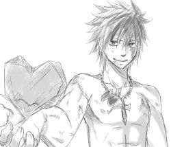 Rule 34 | 1boy, abs, bad id, bad pixiv id, cross, fairy tail, foreshortening, gray fullbuster, greyscale, heart, ice, jewelry, male focus, monochrome, necklace, nipples, simple background, sketch, smile, solo, spiked hair, sword, tattoo, topless male, weapon