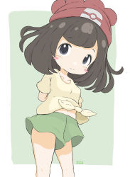 Rule 34 | 1girl, absurdres, arms behind back, beanie, black hair, blush stickers, breasts, brown shirt, collarbone, commentary request, creatures (company), game freak, green background, green shorts, grey eyes, hat, highres, looking at viewer, midriff peek, navel, nintendo, pokemon, pokemon sm, red hat, rururu (pyrk8855), selene (pokemon), shirt, short shorts, shorts, small breasts, solo, standing, tied shirt, two-tone background, white background