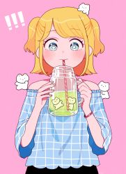 Rule 34 | !, !!, 1girl, bad id, bad tumblr id, bare shoulders, bear, blonde hair, blue eyes, blush, bracelet, cup, drink, drinking, drinking straw, emma (kumaema), highres, holding, holding cup, in mouth, jewelry, liquid, looking down, mug, original, patterned clothing, pink background, short hair, short sleeves, simple background, solo, strapless, upper body, wide sleeves
