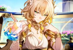 1girl aglaea_(honkai:_star_rail) bad_source bare_shoulders blonde_hair breasts cleavage collarbone gold_trim green_eyes hair_between_eyes hair_ornament honkai:_star_rail honkai_(series) huge_breasts large_breasts looking_at_viewer nail_polish short_hair smile stellar_jade