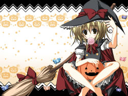 Rule 34 | 1girl, barefoot, blonde hair, broom, candy, female focus, food, hat, jack-o&#039;-lantern, kirisame marisa, korie riko, mouth hold, pumpkin, solo, touhou, witch, witch hat