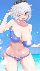 Rule 34 | 1girl, 30 minutes sisters, bikini, blue bikini, breast slip, breasts, cleavage, convenient censoring, gluteal fold, green eyes, grey hair, head tilt, highres, looking to the side, medium breasts, navel, ocean, one eye closed, open hand, open mouth, rishetta (30ms), short hair, solo, stomach, subten, swimsuit, wardrobe malfunction, water