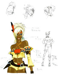 Rule 34 | 1girl, absurdres, ass, asymmetrical legwear, back, bandeau, bare shoulders, belt, belt skirt, bikini, blue eyes, braid, breasts, character sheet, cleavage, cowboy shot, criss-cross halter, crop top, cross-laced footwear, dark-skinned female, dark skin, earrings, feather hair ornament, feathers, french braid, fringe trim, from behind, full body, hair ornament, hair over one eye, halterneck, hands on own hips, headband, high heels, high ponytail, highres, hip focus, jewelry, katou miyako, light smile, lips, lipstick, makeup, medium breasts, midriff, monochrome, multiple views, native american, navel, official art, open mouth, ponytail, portrait, profile, scan, shadow hearts, shadow hearts from the new world, shania, short hair, short ponytail, short shorts, shorts, simple background, single earring, sketch, smile, swimsuit, thigh gap, underboob, uneven legwear, white hair