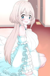 Rule 34 | 1girl, bed, bedroom, blonde hair, blue eyes, blush, breasts, clothes, female focus, highres, huge breasts, long hair, looking at viewer, on bed, one room hiatari futsuu tenshi-tsuki, open mouth, pt, sitting, smile, solo, towa (tenshitsuki)