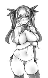 Rule 34 | 1girl, absurdres, arm under breasts, bad id, bad twitter id, bikini, blush, bow, breasts, cameltoe, cleavage, cleft of venus, copyright request, elbow gloves, frown, gloves, greyscale, hair ribbon, harigane shinshi, highres, large breasts, micro bikini, monochrome, pointy ears, ribbon, swimsuit, thighhighs, twintails
