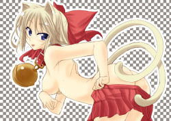 Rule 34 | 1girl, :p, animal ears, ass, bell, blonde hair, blue eyes, bow, breasts, cat ears, cat tail, hair bow, iga tamaki, jingle bell, multiple tails, nude, original, sketch, solo, tail, tongue, tongue out