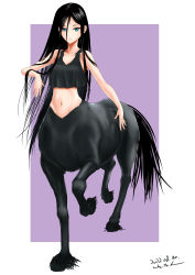 Rule 34 | 1girl, absurdres, aqua eyes, bare shoulders, black hair, black tank top, breasts, centaur, closed mouth, collarbone, commentary request, crop top, crop top overhang, dated, full body, groin, hair between eyes, highres, horse tail, long bangs, long hair, looking at viewer, midriff, monster girl, multiple legs, navel, original, sidelocks, signature, small breasts, solo, standing, tail, tank top, taur, yuutan (chokorobittsu)