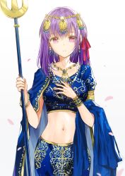 Rule 34 | 1girl, bracelet, breasts, cape, circlet, closed mouth, cowboy shot, dangmill, fate/grand order, fate (series), holding, holding staff, indian clothes, jewelry, looking at viewer, matou sakura, medium breasts, navel, necklace, parvati (fate), petals, purple eyes, purple hair, solo, staff, stomach