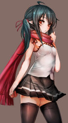 Rule 34 | 1girl, ahoge, black hair, borrowed character, camisole, covered navel, highres, long hair, looking at viewer, nemurime, original, pleated skirt, pointy ears, red eyes, red scarf, scarf, simple background, sketch, skirt, solo, taishi (picchiridou), thighhighs, twintails, zettai ryouiki