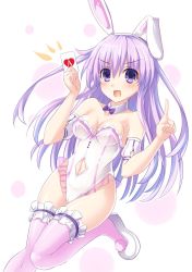 Rule 34 | 1girl, ace (playing card), ace of hearts, animal ears, bare shoulders, breasts, cleavage, detached collar, fake animal ears, frills, heart, highres, kazuneko (wktk1024), leotard, nepgear, neptune (series), open mouth, pink thighhighs, playboy bunny, playing card, pointing, pointing up, poker, purple hair, rabbit ears, thighhighs, white background, white footwear