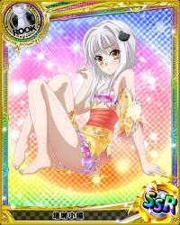 Rule 34 | 10s, 1girl, artist request, bare legs, bare shoulders, barefoot, card (medium), cat hair ornament, character name, chess piece, feet, full body, hair ornament, high school dxd, japanese clothes, kimono, official art, rook (chess), short hair, silver hair, solo, tabi, torn clothes, toujou koneko, trading card, yellow eyes