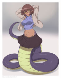 Rule 34 | 1girl, absurdres, arms behind head, arms up, blue sweater, breasts, brown eyes, brown hair, chuunioniika, commission, cropped sweater, dark-skinned female, dark skin, fang, full body, highres, jacket, lamia, large breasts, looking at viewer, monster girl, navel, open mouth, original, pointy ears, short hair, sleeveless, sleeveless sweater, smile, solo, sweater, white jacket