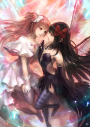 Rule 34 | 10s, 2girls, akemi homura, akuma homura, argyle, argyle clothes, argyle legwear, bare shoulders, black dress, black gloves, bow, choker, dress, elbow gloves, face-to-face, feathered wings, gloves, hair bow, hairband, highres, holding hands, kageco, kaname madoka, lavender legwear, long hair, looking at another, mahou shoujo madoka magica, mahou shoujo madoka magica: hangyaku no monogatari, multiple girls, open mouth, pink hair, purple thighhighs, red bow, red hairband, spoilers, thighhighs, two side up, ultimate madoka, very long hair, white dress, white gloves, wings, zettai ryouiki