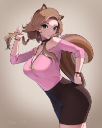 Rule 34 | 1girl, animal ear fluff, animal ears, ayunda risu, black choker, black skirt, blush, bracelet, bright pupils, brown background, choker, commentary, english commentary, fian f.n, green eyes, highres, holding, holding hair, hololive, hololive indonesia, jewelry, leaning to the side, looking at viewer, necklace, off-shoulder sweater, off shoulder, pencil skirt, pink sweater, skirt, solo, squirrel ears, squirrel girl, squirrel tail, sweater, tail, virtual youtuber, white pupils