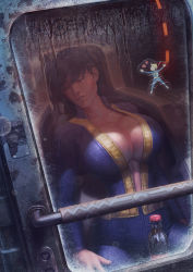 Rule 34 | 1girl, bodysuit, breasts, brown hair, cleavage, cryogenic pod, closed eyes, fallout (series), fallout 4, female focus, goretexx, highres, huge breasts, impossible bodysuit, impossible clothes, indoors, no bra, nuka cola, short hair, sleeping, sole survivor (female), solo, unzipped, vault boy, vault suit