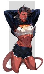 Rule 34 | &gt;:), 1girl, absurdres, alternate costume, arms behind head, arms up, asymmetrical hair, baldur&#039;s gate, baldur&#039;s gate 3, black hair, black shorts, black shrug, border, bra, broken horn, colored skin, contemporary, contrapposto, cowboy shot, cropped legs, curled horns, demon girl, demon horns, demon tail, dolphin shorts, drawstring, dungeons and dragons, from side, greensalad350, grey background, grin, highres, horns, karlach, looking to the side, medium hair, midriff, multicolored hair, muscular, muscular female, navel, outside border, pointy ears, red hair, red skin, scar, scar on stomach, sharp teeth, shorts, shrug (clothing), sidecut, simple background, slit pupils, smile, solo, sports bra, standing, streaked hair, tail, teeth, tiefling, two-tone hair, undercut, underwear, v-shaped eyebrows, white border, white bra, yellow eyes