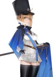 Rule 34 | 1girl, absurdres, afpl (parrotz4), alternate costume, artoria pendragon (fate), blue ribbon, blush, braid, breasts, fate/grand order, fate (series), french braid, green eyes, hand on own hip, hat, headwear request, highres, large breasts, looking at viewer, pleated skirt, ribbon, saber (fate), skirt, solo, sword, thighhighs, thighs, weapon, white background, zettai ryouiki