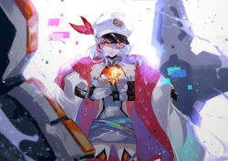 Rule 34 | 1girl, barcode, barcode tattoo, bare shoulders, breasts, cape, dress, elbow gloves, epic seven, gloves, hair between eyes, hat, highres, landy (epic seven), long hair, looking at viewer, mecha, military, military hat, military uniform, peaked cap, red eyes, robot, short dress, smile, solo, tattoo, two-sided cape, two-sided fabric, uniform, vardan, white cape, white hair