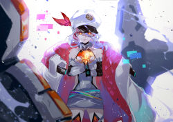 1girl barcode barcode_tattoo bare_shoulders breasts cape dress elbow_gloves epic_seven gloves hair_between_eyes hat highres landy_(epic_seven) long_hair looking_at_viewer mecha military military_hat military_uniform peaked_cap red_eyes robot short_dress smile solo tattoo two-sided_cape two-sided_fabric vardan white_cape white_hair