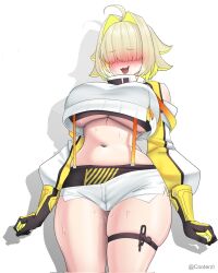 Rule 34 | 1girl, ahoge, black gloves, black sports bra, blonde hair, blush, breasts, clothing cutout, cooterzi, crop top, cropped sweater, elegg (nikke), exposed pocket, gloves, goddess of victory: nikke, grey shorts, hair intakes, hair over eyes, highres, large breasts, long bangs, long sleeves, looking at viewer, micro shorts, multicolored clothes, multicolored gloves, multicolored hair, navel, short hair, shorts, shoulder cutout, skindentation, solo, sports bra, suspender shorts, suspenders, sweat, sweatdrop, thigh strap, thighs, twitter username, two-tone hair, underboob, yellow gloves
