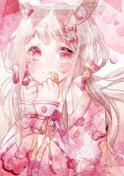 Rule 34 | 1girl, 2023, animal ears, blush, bow, carrot hair ornament, cherry blossom print, closed mouth, commentary, english text, facial mark, far (farstudio), floral print, food, food-themed hair ornament, frilled sleeves, frills, fruit, grey hair, hair bow, hair ornament, hand to own mouth, happy new year, heart, heart facial mark, highres, japanese clothes, jewelry, kimono, long hair, looking to the side, mixed-language commentary, new year, off shoulder, original, pastel colors, pink bow, pink eyes, pink kimono, pink ribbon, pink theme, rabbit ears, ribbon, ring, sleeves past elbows, smile, solo, star (symbol), star facial mark, strap, strawberry, stuffed animal, stuffed rabbit, stuffed toy, upper body, wide sleeves, wrist cuffs, yume kawaii
