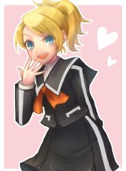 Rule 34 | 1girl, :d, black skirt, blonde hair, blue eyes, heart, heart background, lisa silverman, looking at viewer, open mouth, persona, persona 2, persona 2 tsumi, school uniform, seven sisters high school uniform, short hair, skirt, smile, solo, tobusaru 87